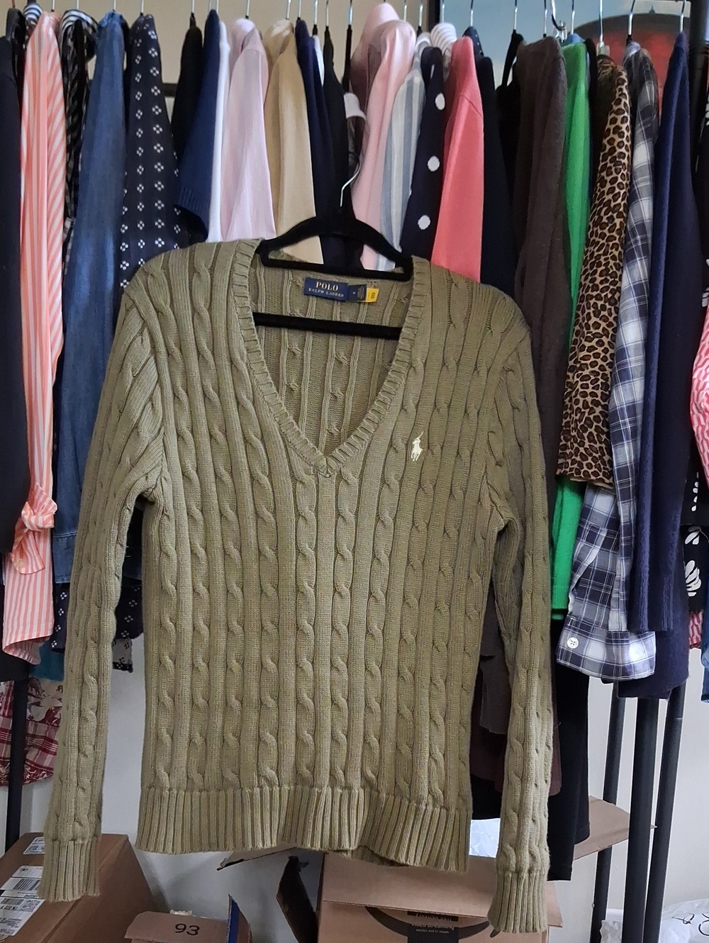 Ralph Lauren Olive Green  100% Cotton Cable-Knit V-Neck Sweater M